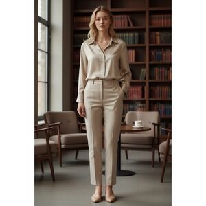 Maison d'Amelie Womens Blouse L Beige Satin Stripe Button Up Office Quiet Luxury